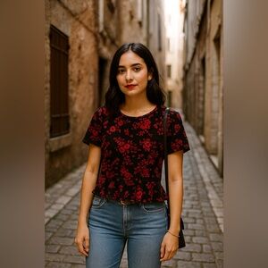 Zara Black and Red Floral Short Sleeve Top medium